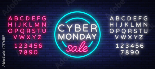 Cyber Monday, discount sale concept illustration in neon style, online shopping and marketing concept, vector illustration. Neon luminous signboard, bright banner. Editing text neon sign