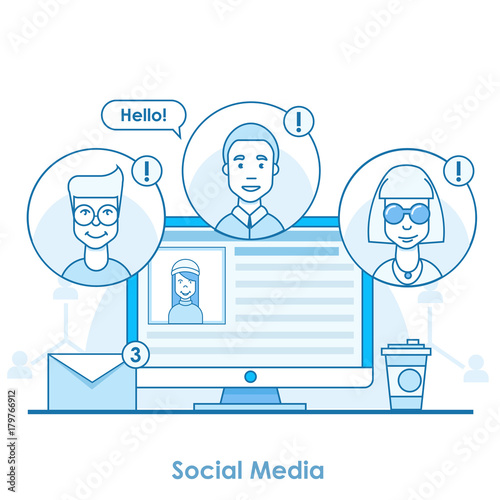 Social media banner strategy. A computer with an open network. Friends send messages, put the likes, notifications