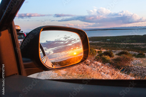 Sunset in the car mirror