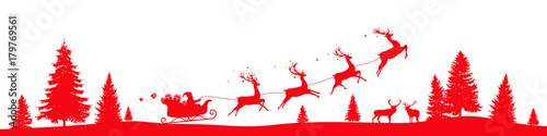 Santa sleigh banner, red Christmas landscape border