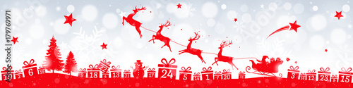 Advent calendar banner with red presents and Santa sleigh
