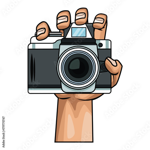 Hand holding camera pop art icon vector illustration graphic