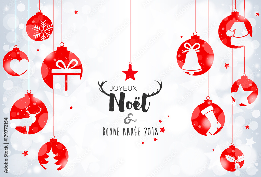 Carte avec boules de Noël sur bokeh