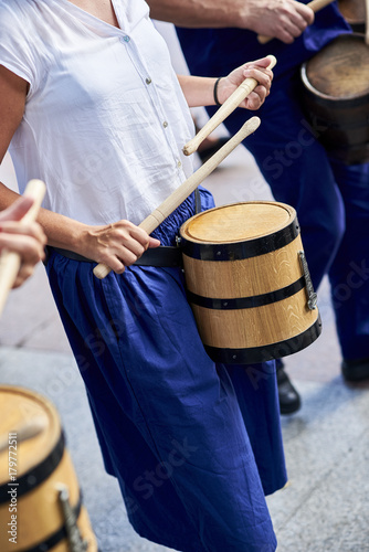Citizens drumming in Tamborrada, the drum parade to commemorate the day that allied Anglo-Portuguese troops invaded the city. Basque Country, Guipuzcoa. Spain.