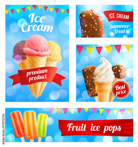 Vector 3D ice cream cafe shop posters banners