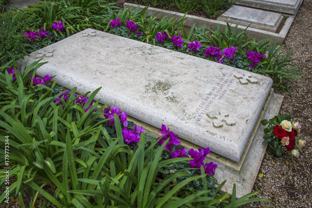 Dettaglio di una tomba stesa a terra e con pregiate decorazioni in pietra.  Intorno la lapide di marmo sono stati piantati tanti fiori viola. Stock  Photo | Adobe Stock