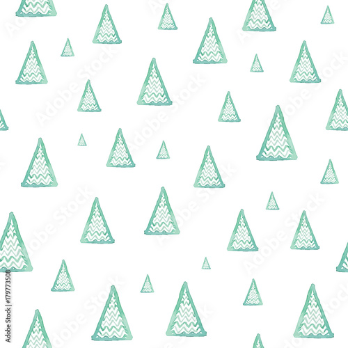 Seamless watercolor forest pattern. Green trees on white background. Abstract watercolor illustration. Can be used for pattern fills, wallpapers,texture of fabric, surface textures.