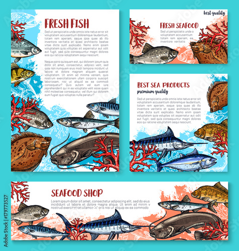 Vector fishes sketch poster for seafood market