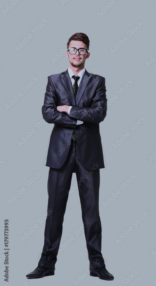 Young manager is smiling isolated on gray background Young manager is smiling isolated on gray background
