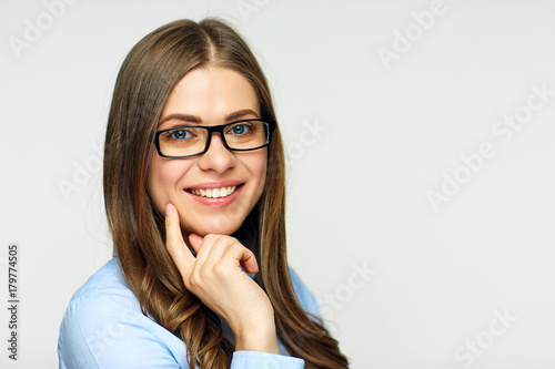 Smiling business woman wearing glass close up portrait.