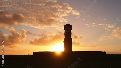 Moai in Ahu Ko Te Riku at sunset, Tahai Archaeological Complex, Rapa Nui National Park, Easter Island, Chile photo