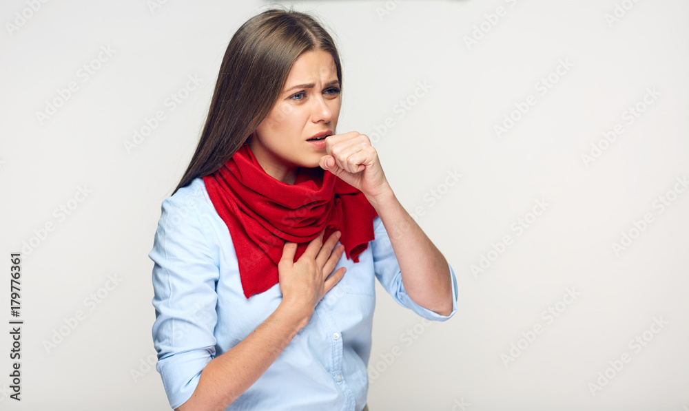 Sickness woman coughing in fist. Sickness woman coughing in fist.