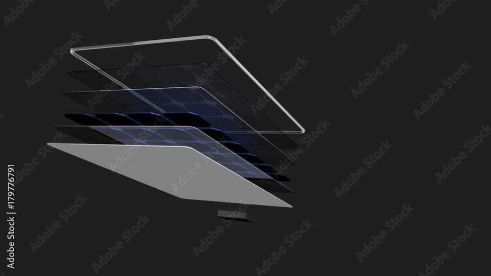 Animation 3D shows how a solar panel is divided into its parts while rotating 360 degrees, the names of each part appea on dark gray background - Renewable Energy