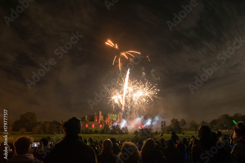 People watching Fireworks display at bonfire 4th of November celebration  Kenilworth Castle  united kingdom.