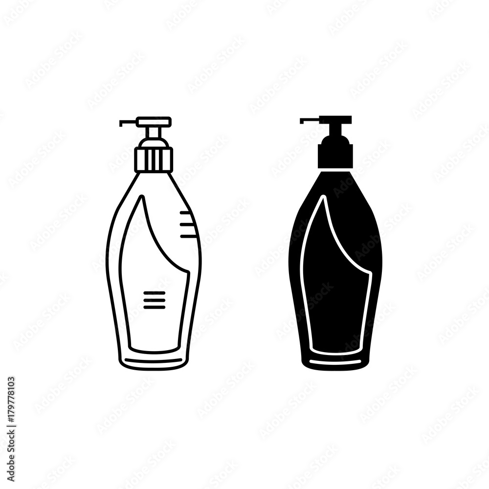 Fototapeta premium Black silhouette and line flat icon of original soap dispenser bottle. Bottle for cosmetic goods: hand cream, lotion, shower gel, hair fliud and conditioner. Beauty product concept.