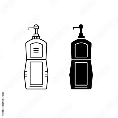 Original rectangle shape soap dispenser bottle. Container for beauty products: liquid soap, shower gel, body lotion and oil, hair fluid and conditioner. Black silhouette and outline icon isolated. 