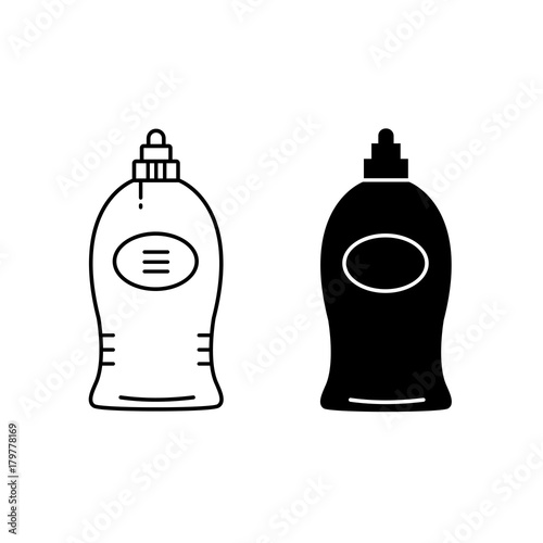 Bottle black silhouette and flat line icon for cosmetics. Shower gel, liquid soap, hand cream, body lotion symbol.