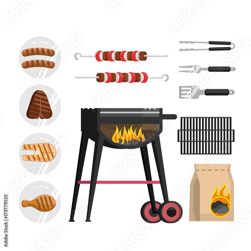 a set of barbecue objects, cooking outings in nature picnic