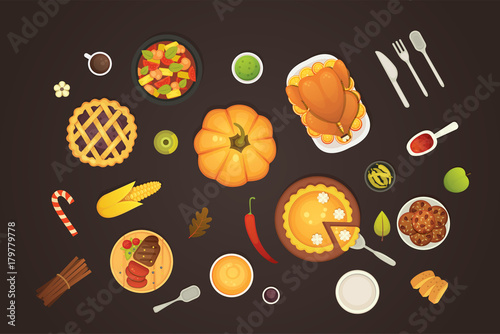 thanksgiving dish menu top view table with roasted turkey vector cartoon. Pumpkin with barry pie and meat. Vector cartoon illustration.