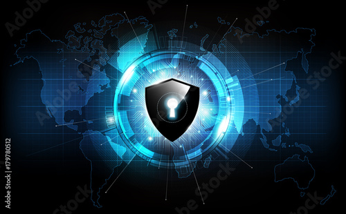 Lock shield with security lock concept and futuristic electronic on world map technology background, vector illustration