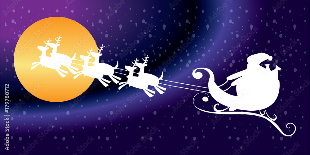 Fototapeta premium Santa and reindeer in the sky with snow, Santa Claus with Holiday Season Symbol - Christmas, vector illustration