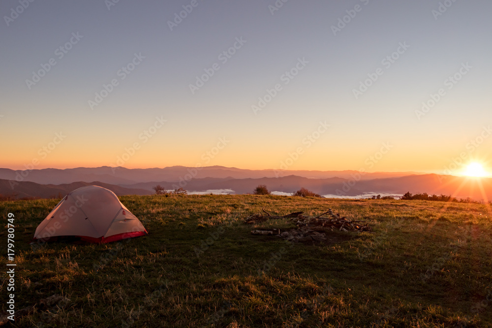 Tent on huckleberry knob overlooking appalachian mountains