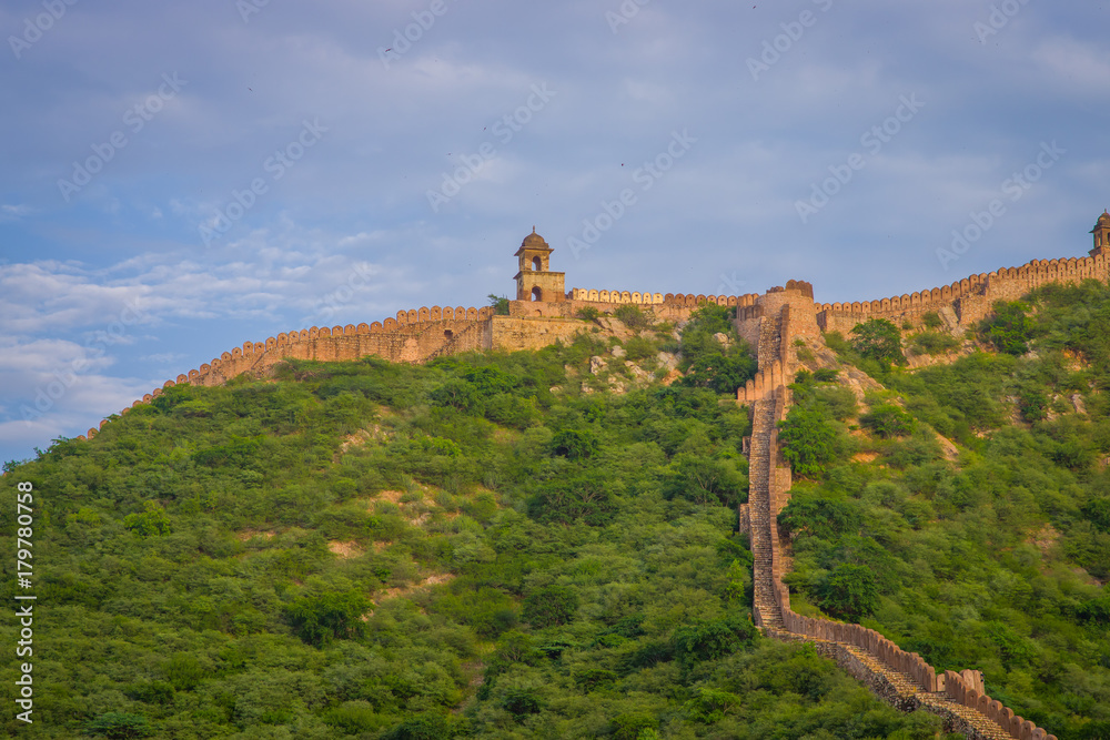 India Jaipur Amber fort in Rajasthan. Ancient indian palace architecture in the top of the mountain, horizontal panoramic view