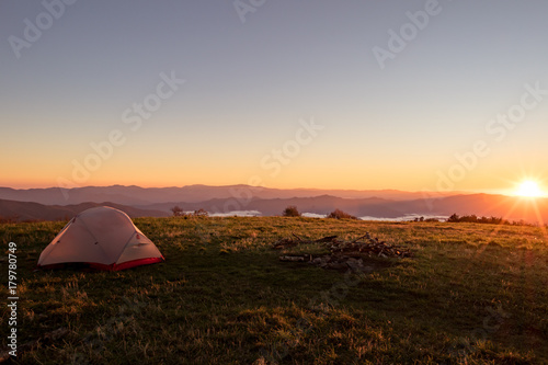 Tent on huckleberry knob overlooking appalachian mountains