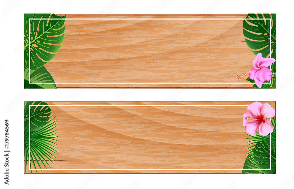 tropical plants on textured wood background. tropical plants on textured wood background.