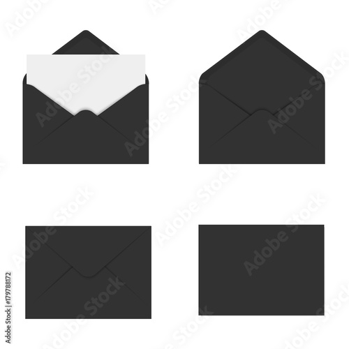 Realistic black mockup envelope for letter or invitation card. Vector