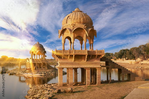 Gadi Sagar temple on Gadisar lake Jaisalmer, India. photo