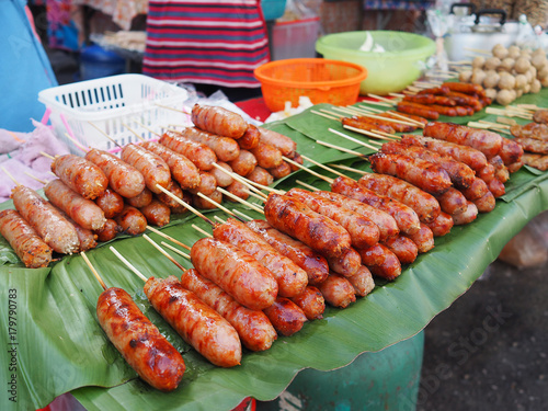 Thai sausages for sale at a local food market in Thailand.