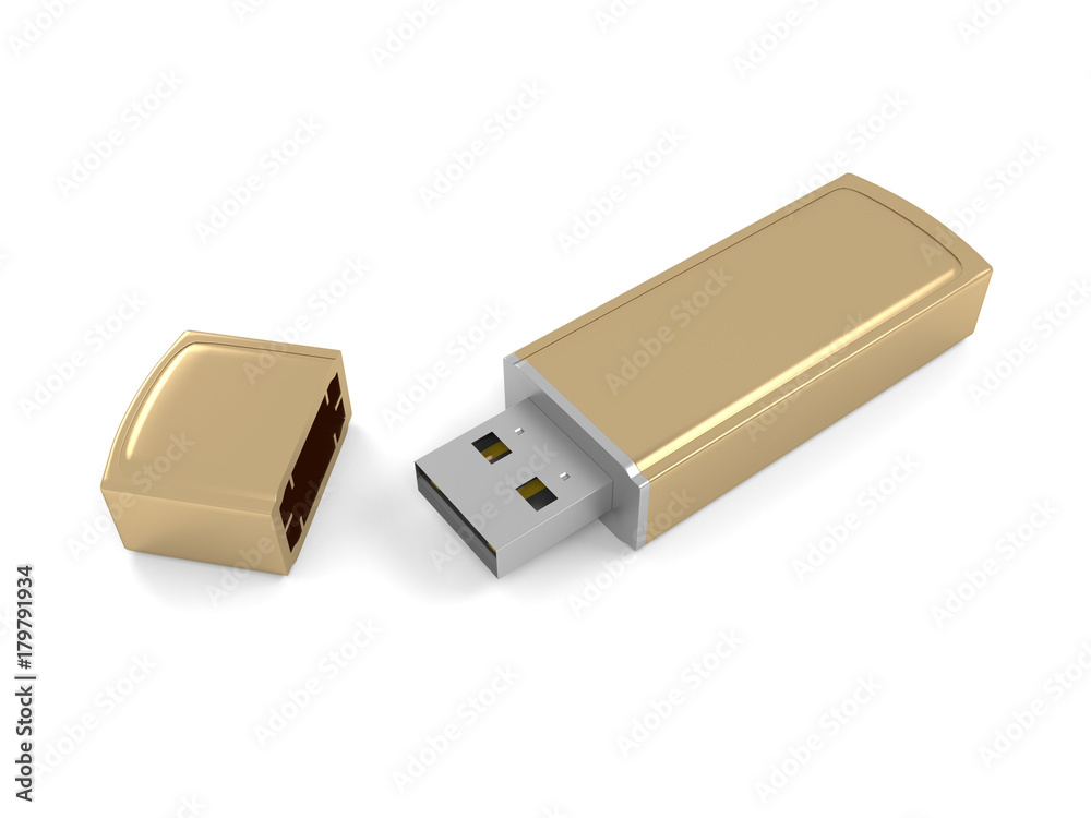 Εκτύπωση καμβά 3d illustration of a gold metal flash drive on a white background