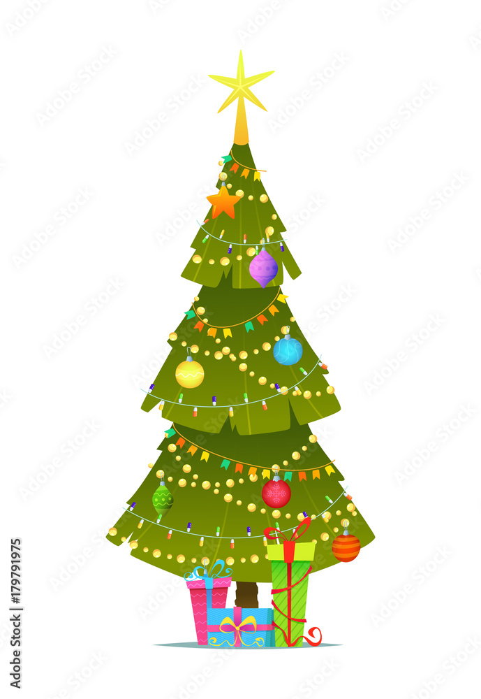 Decorated christmas tree with gift boxes, star, lights, decoration balls and lamps. Flat style vector illustration Decorated christmas tree with gift boxes, star, lights, decoration balls and lamps. Flat style vector illustration