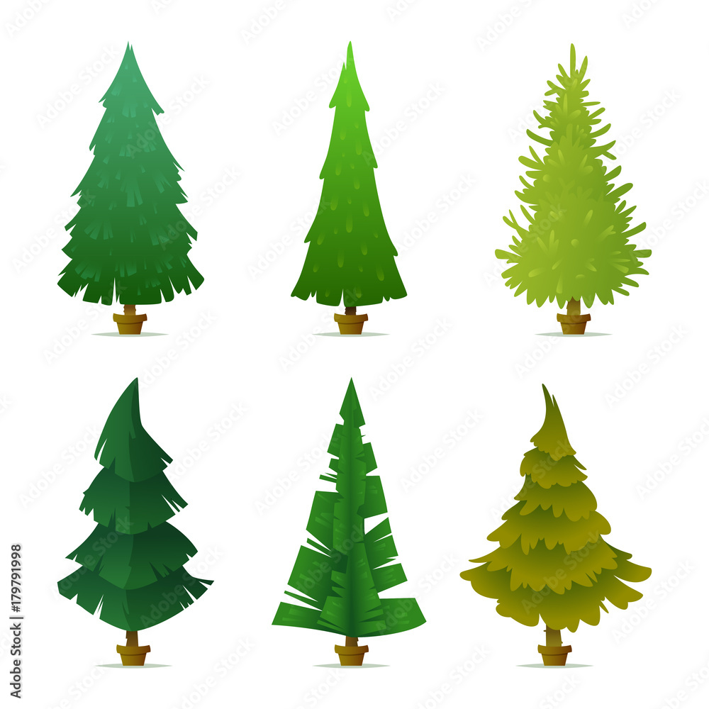 Collection of different forms, shapes of firs, spruce and pines. Christmas tree set. Flat design.