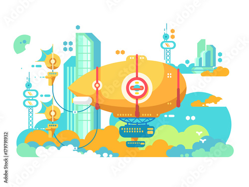 Airship hovering in city design flat