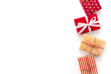Christmas and New Year holiday gift boxes on white background, creative idea border design