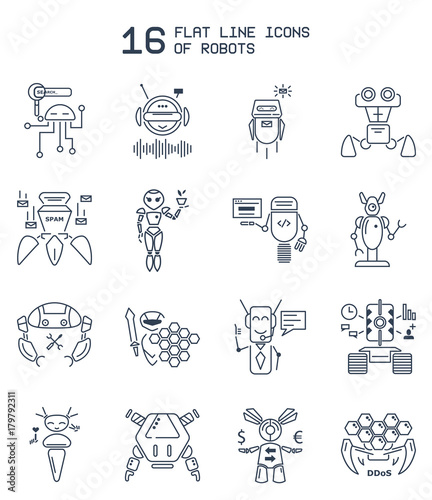 фотография 16 robots icons in flat line style