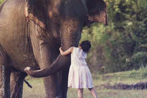 The smiling girl embraces an elephant photo