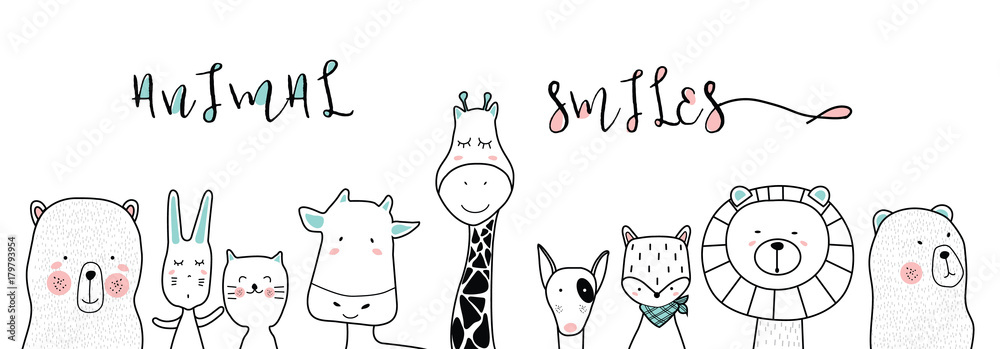 Obraz premium słodkie zwierzęta szkicu kreskówek do nadruku na koszulce, tekstyliów, naszywek, produktów dziecięcych, poduszek, prezentów. ilustrator wektorowy