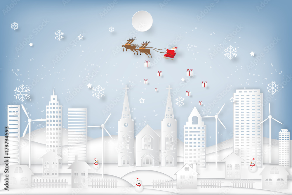 Santa Claus on Sleigh, Reindeer and Snowman on snowflakes and merry christmas in the winter background as holiday, x'mas day and paper art concept. vector illustration.