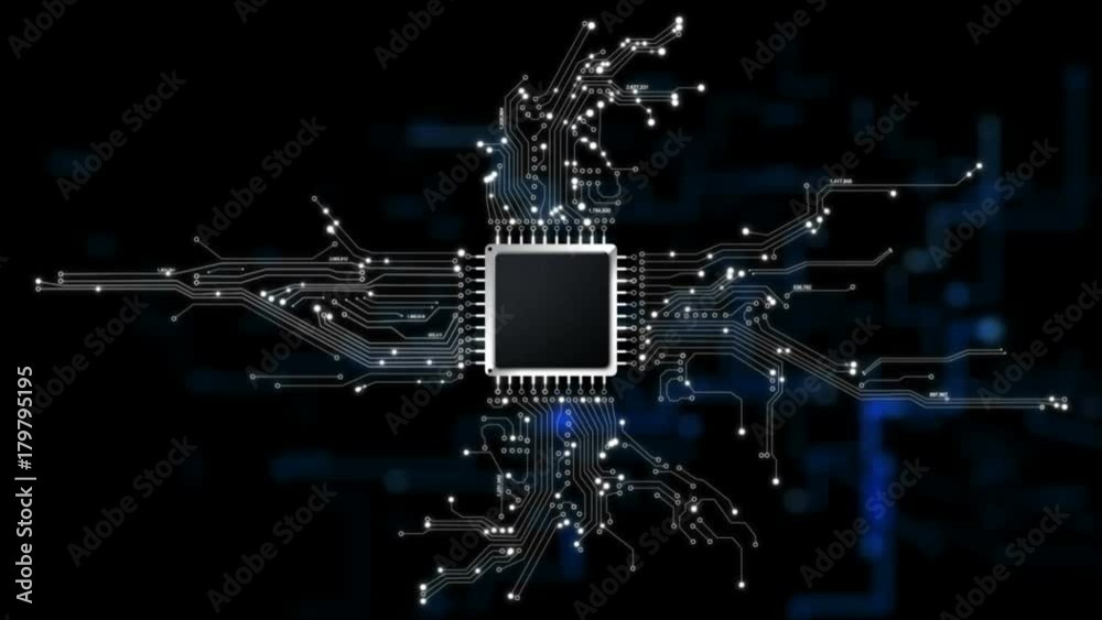 4K CPU chip set and electric circuit with data transfer moving on dark background for technology cyber and futuristic concept