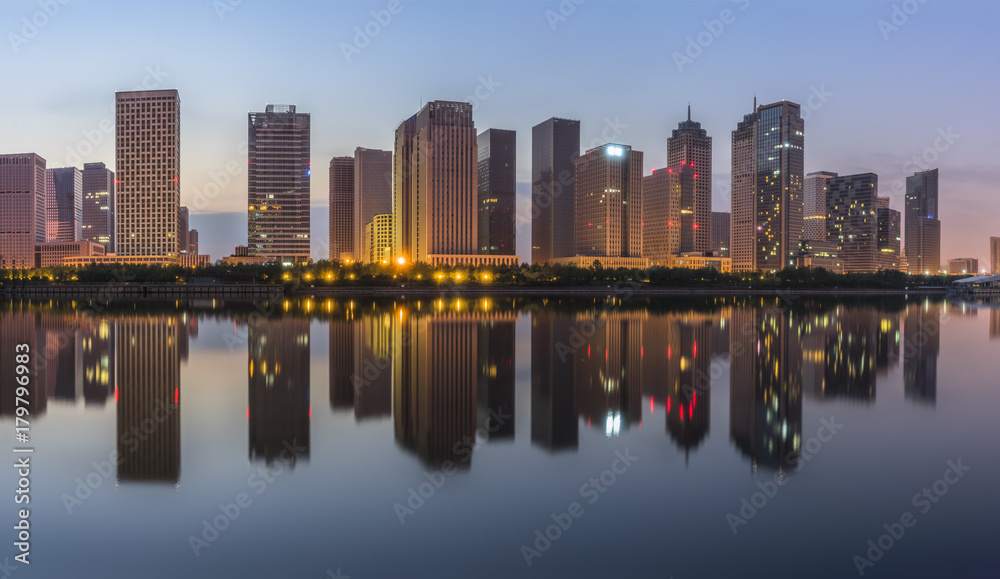 urban skyline and modern buildings at night, cityscape of China.