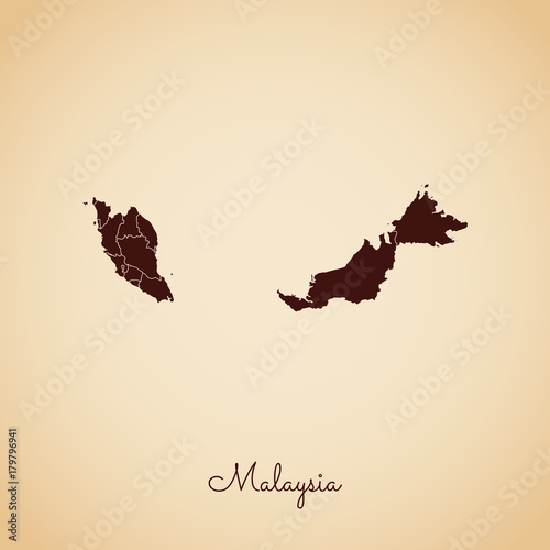 Malaysia region map: retro style brown outline on old paper background. Detailed map of Malaysia regions. Vector illustration.