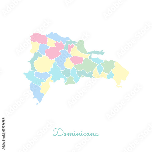 Dominicana region map: colorful with white outline. Detailed map of Dominicana regions. Vector illustration.