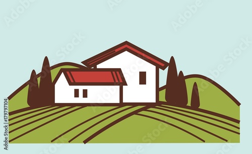 Winery and vineyard farm house vector winemaking viticulture or wine production design