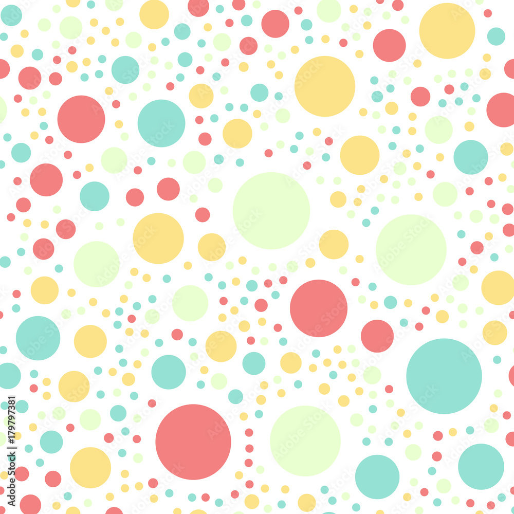 Colorful polka dots seamless pattern on white 16 background. Exquisite classic colorful polka dots textile pattern. Seamless scattered confetti fall chaotic decor. Abstract vector illustration.