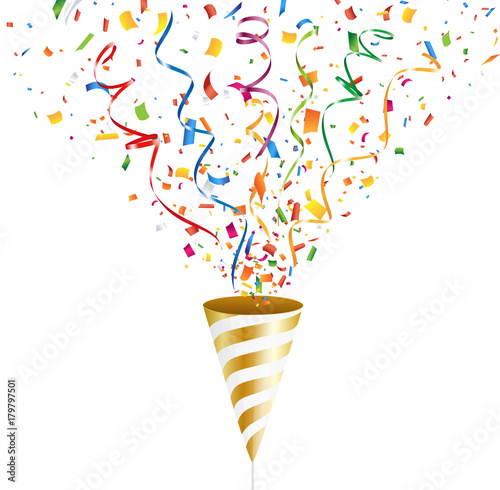 Golden party popper with colorful confetti and streamer. Vector illustration.