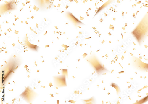 Golden flying confetti. Celebration background. Vector illustration.
