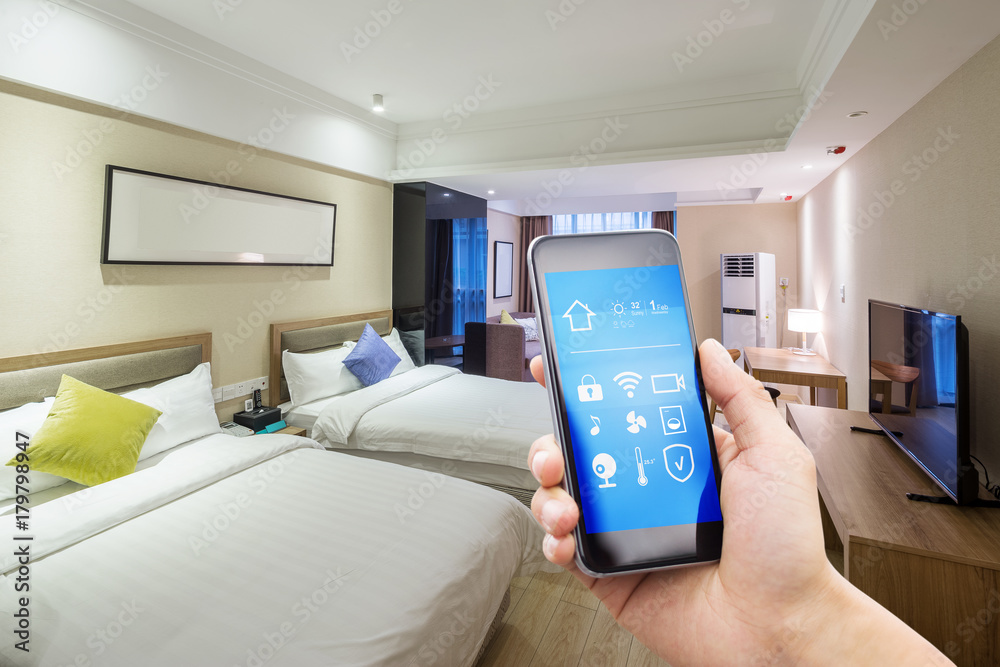 smart phone with smart home in modern bedroom smart phone with smart home in modern bedroom